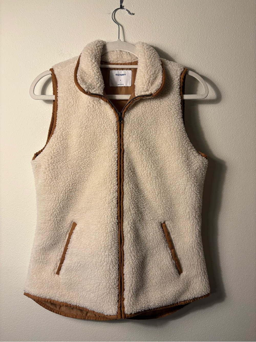 Old Navy Cream Full Zip Cozy Teddy Sherpa Vest Tan Trim Small